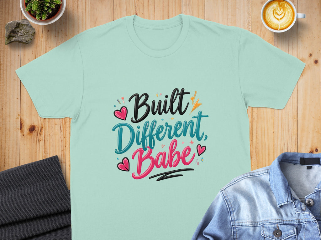 Light blue t-shirt with "Built Different Babe" text and heart graphics.