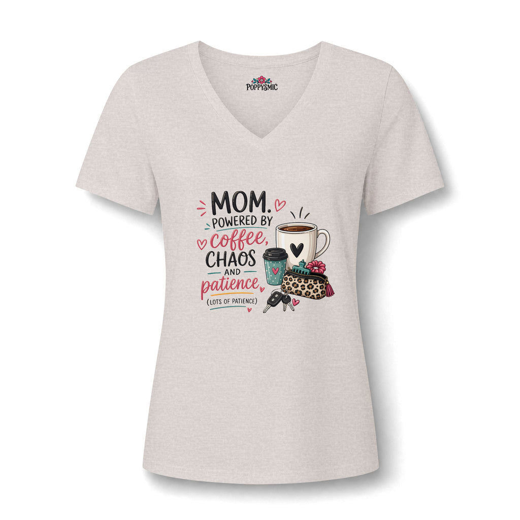 Mom Tee — "Mom Powered by Coffee, Chaos & Patience" V‑Neck