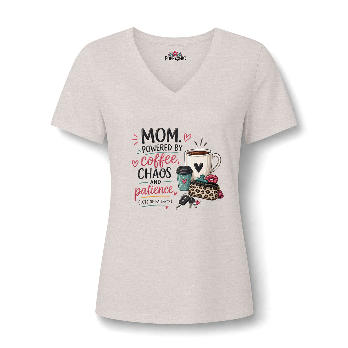 Mom Tee — "Mom Powered by Coffee, Chaos & Patience" V‑Neck