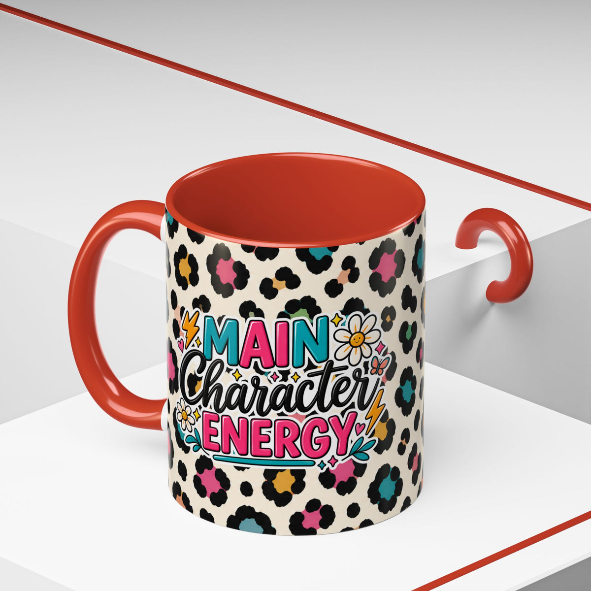 Leopard Print Accent Coffee Mug – Colorful Floral 'Teacher Energy' Design (11/15oz)