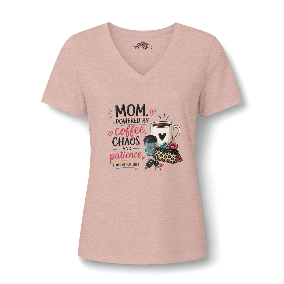 Mom Tee — "Mom Powered by Coffee, Chaos & Patience" V‑Neck
