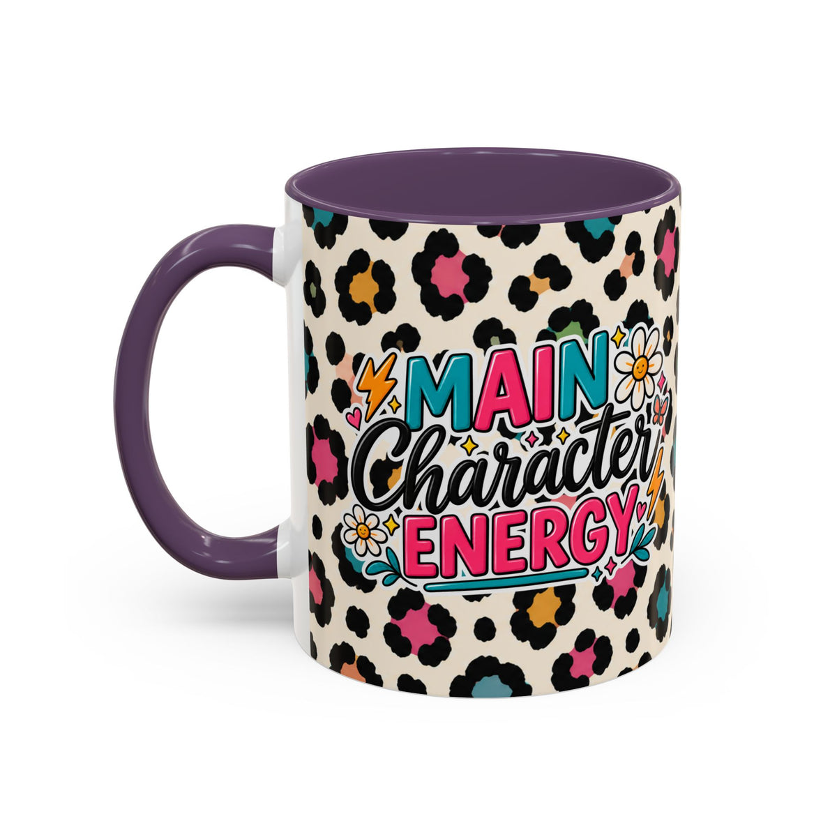 Leopard Print Accent Coffee Mug – Colorful Floral 'Teacher Energy' Design (11/15oz)