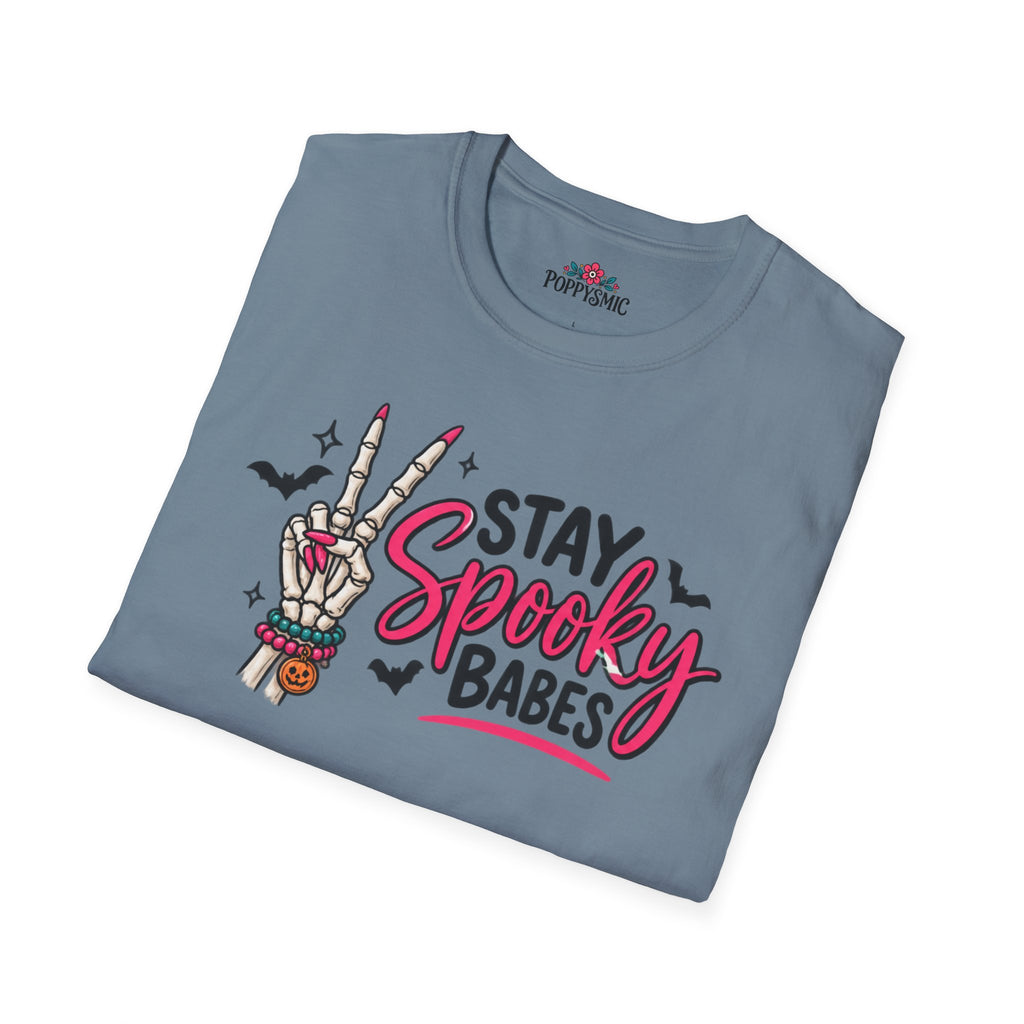 Stay Spooky Babes T-Shirt — Halloween Skeleton Peace Sign Tee