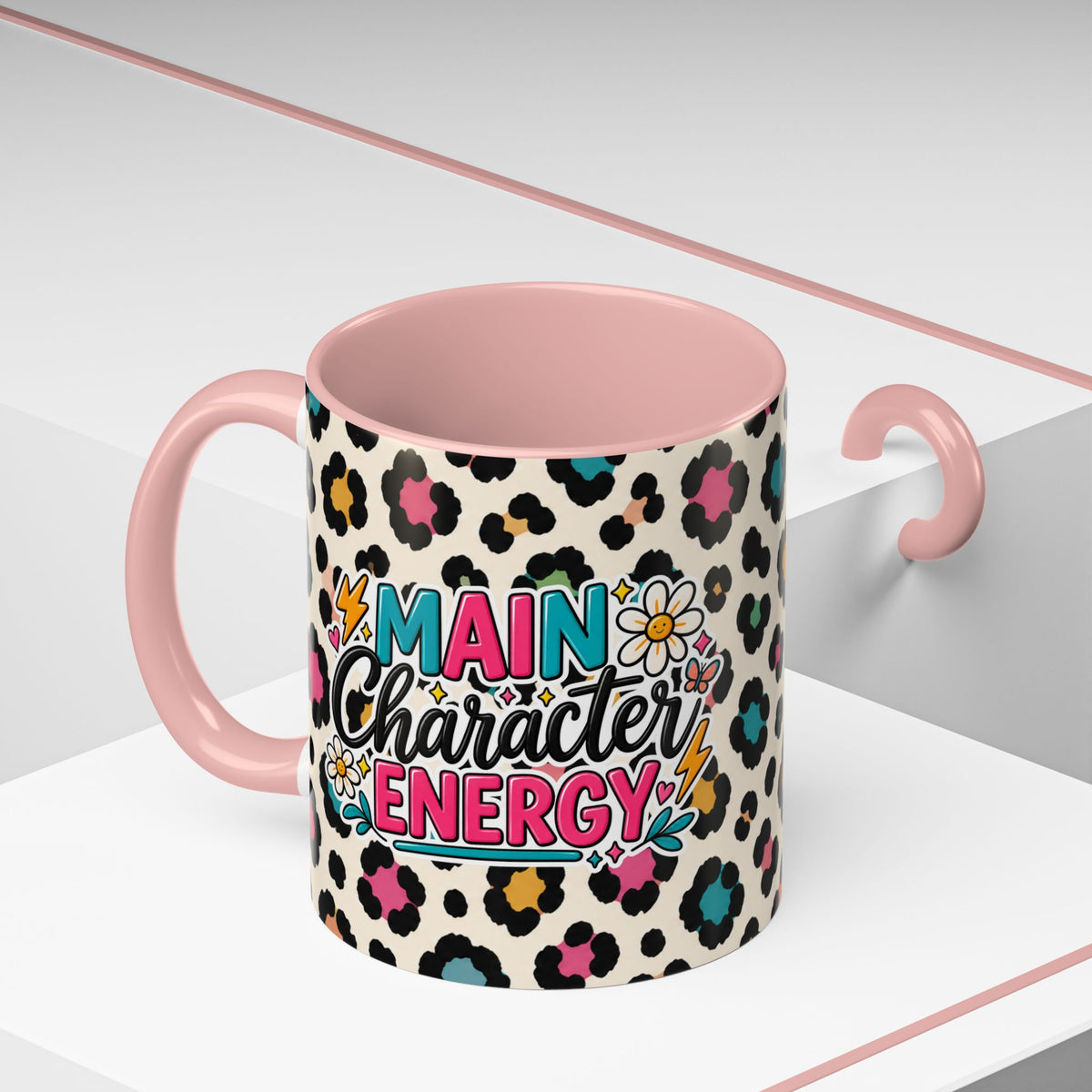 Leopard Print Accent Coffee Mug – Colorful Floral 'Teacher Energy' Design (11/15oz)