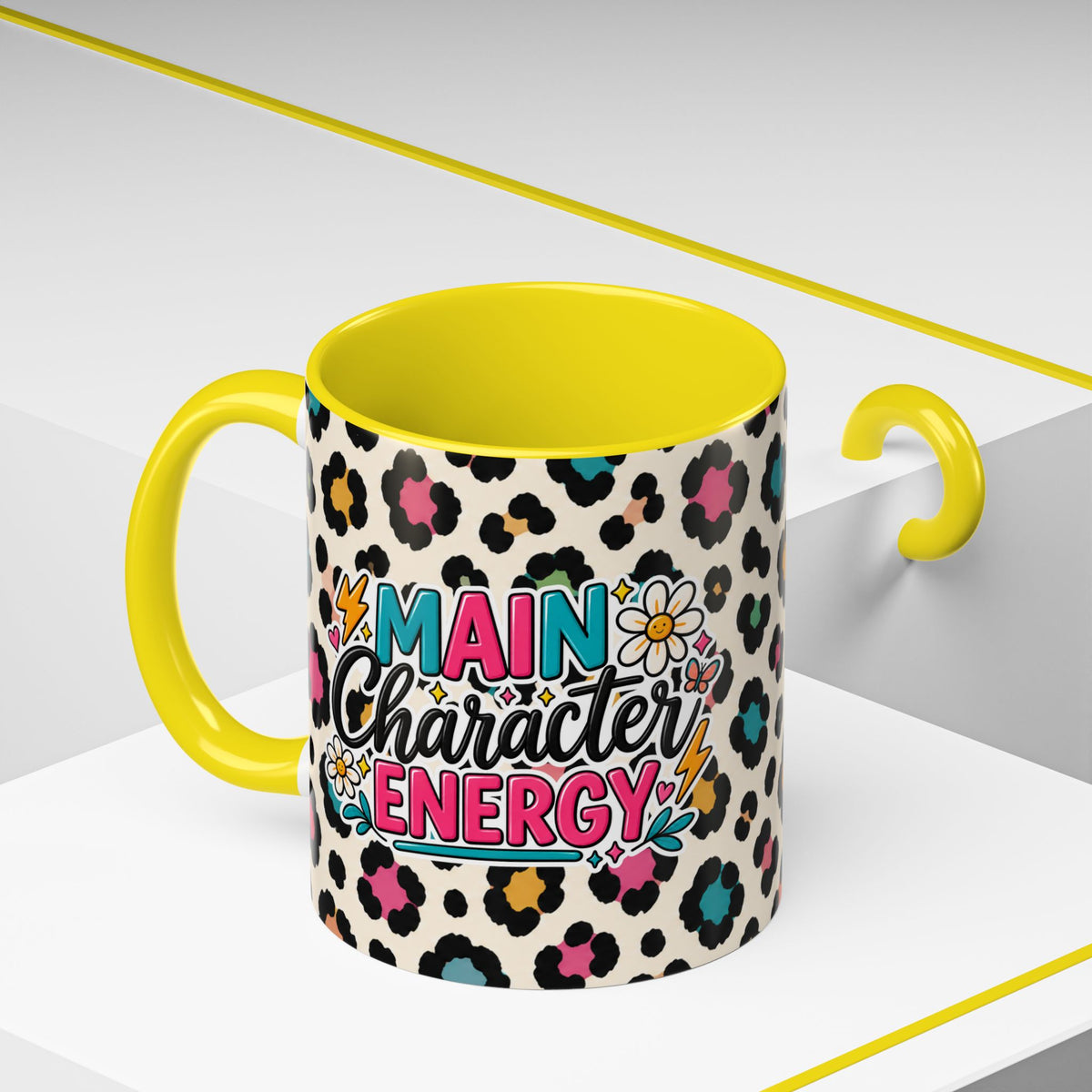 Leopard Print Accent Coffee Mug – Colorful Floral 'Teacher Energy' Design (11/15oz)