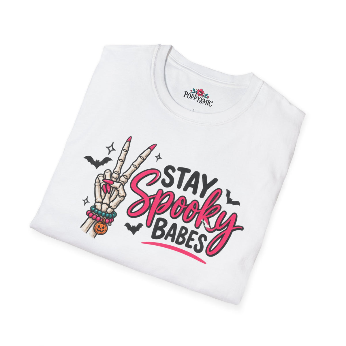 Stay Spooky Babes T-Shirt — Halloween Skeleton Peace Sign Tee