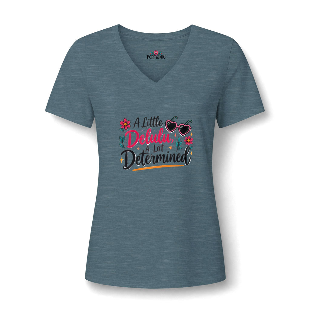 Women's V-Neck Tee — “A Little Dehlulu, A Lot Determined” Floral Graphic