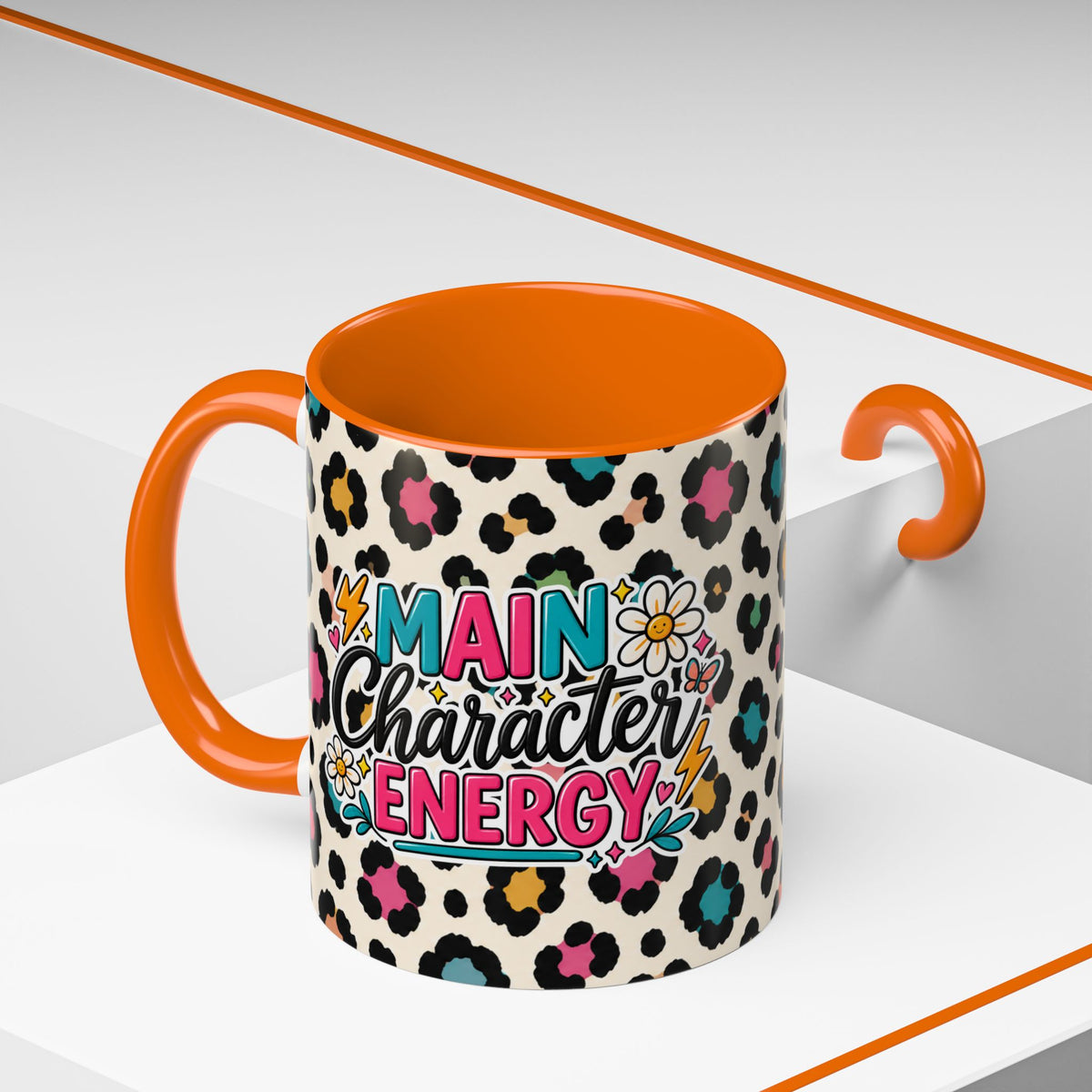 Leopard Print Accent Coffee Mug – Colorful Floral 'Teacher Energy' Design (11/15oz)