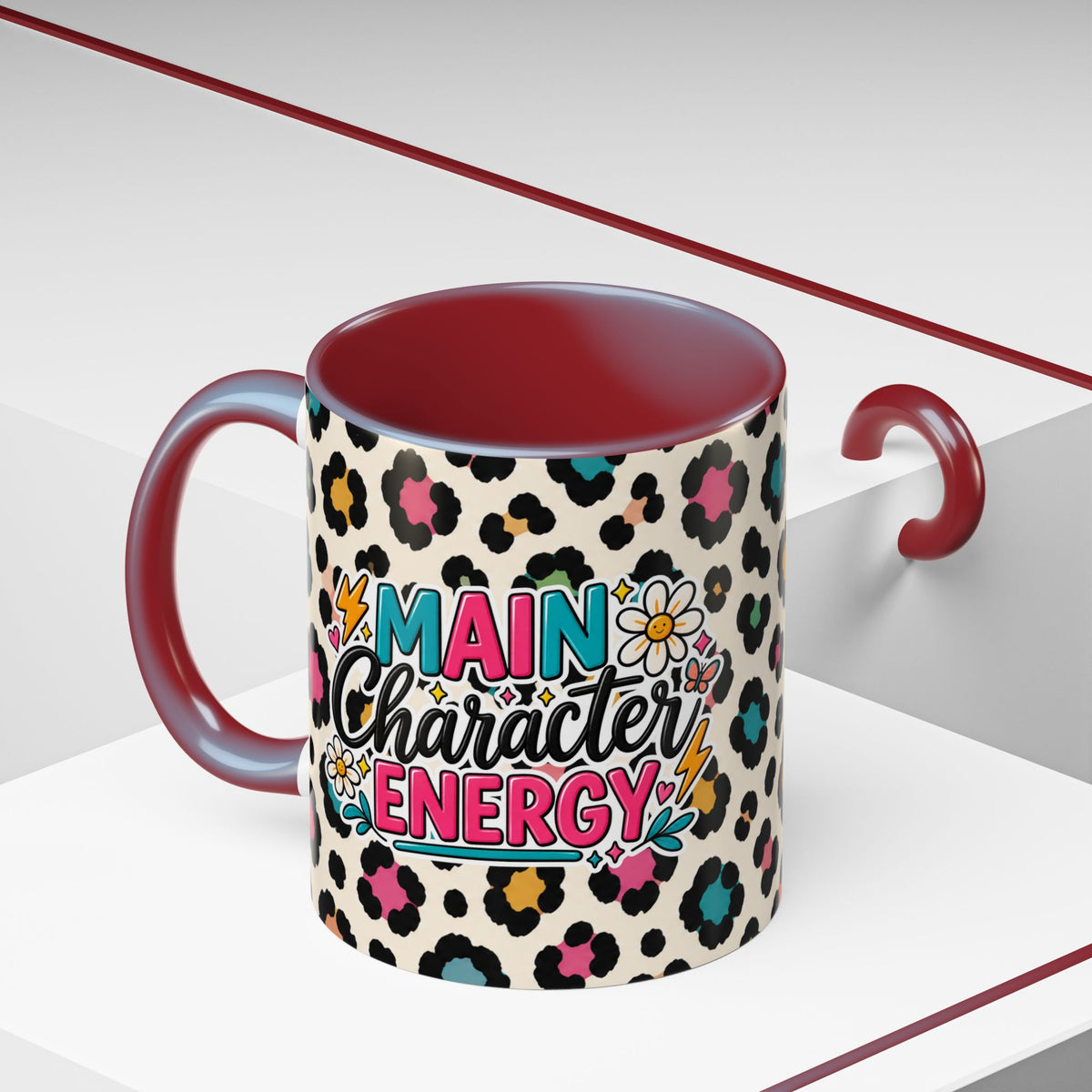 Leopard Print Accent Coffee Mug – Colorful Floral 'Teacher Energy' Design (11/15oz)