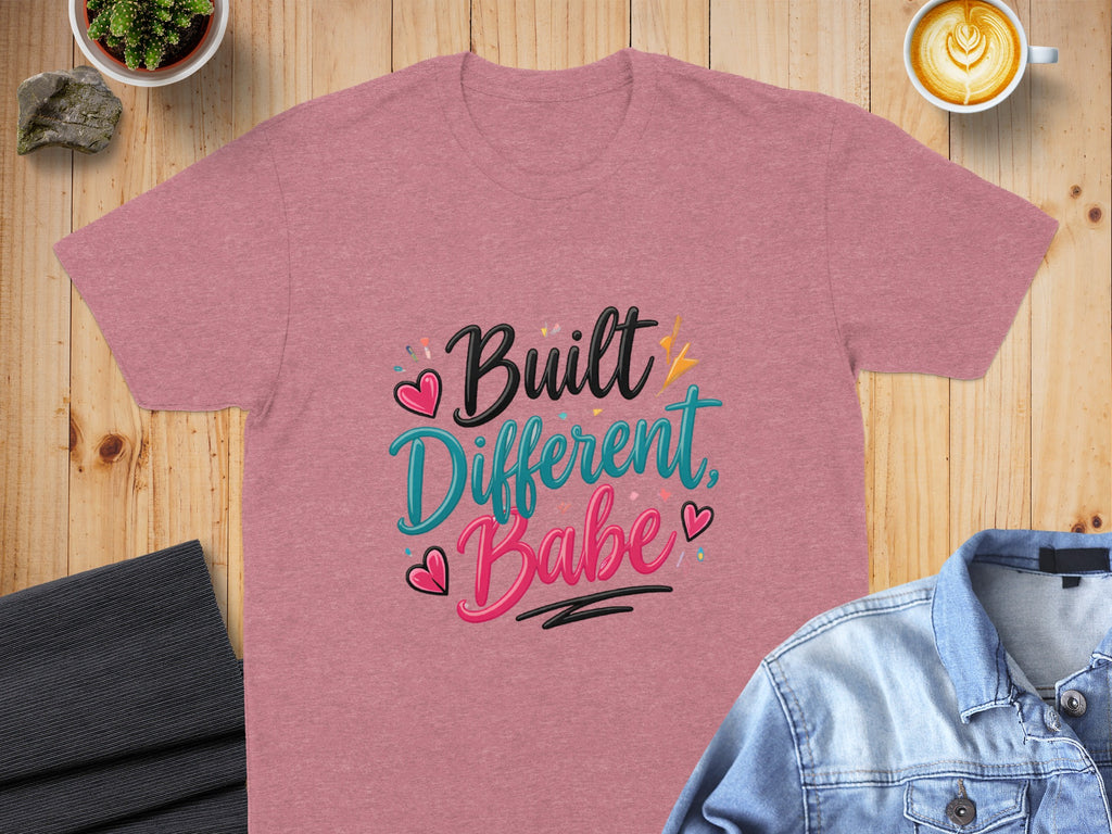 Rose t-shirt with "Built Different Babe" text and decorative hearts.