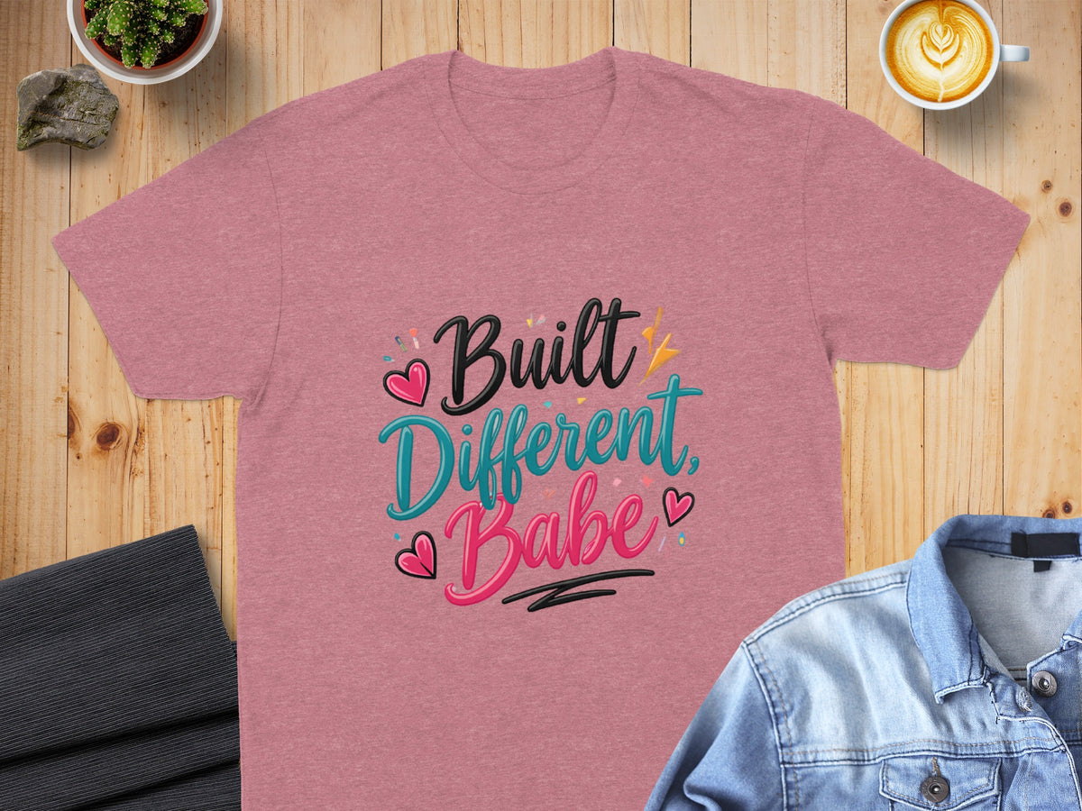 Rose t-shirt with "Built Different Babe" text and decorative hearts.