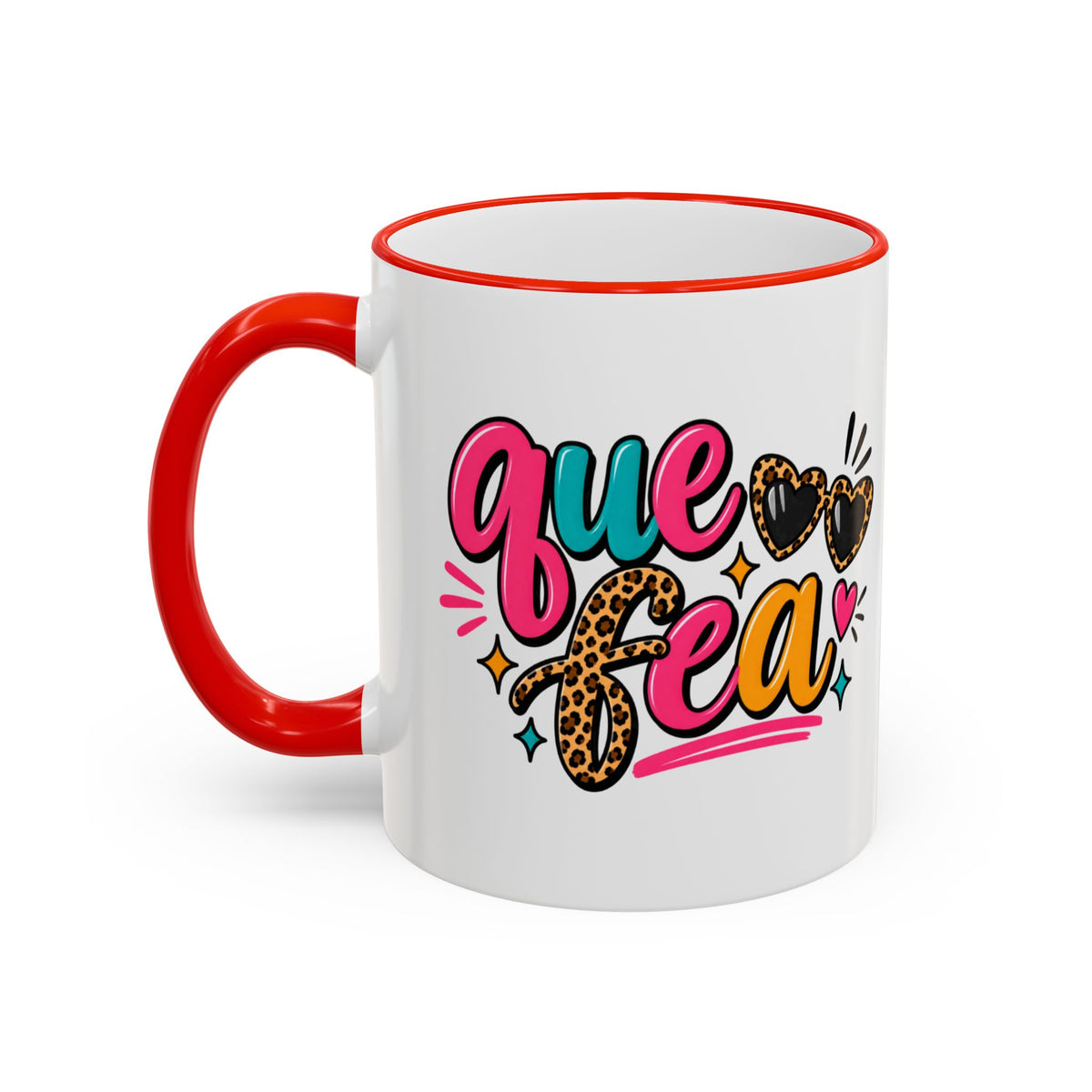 White mug with red handle and rim, featuring "queer" and "fea" text.