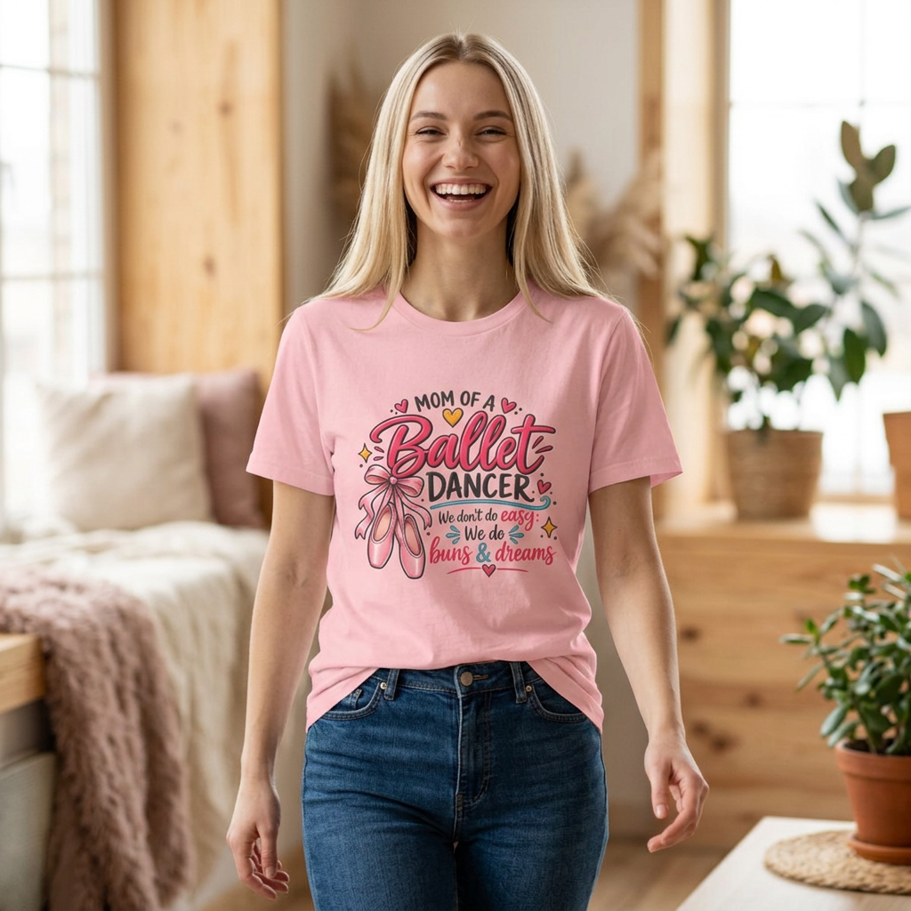 Ballet Dancer Mom T-Shirt — “Mom of a Ballet Dancer” Pink Ballet Shoes Tee