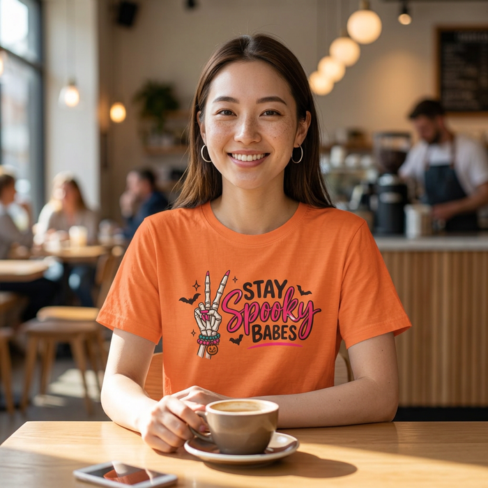 Stay Spooky Babes T-Shirt — Halloween Skeleton Peace Sign Tee