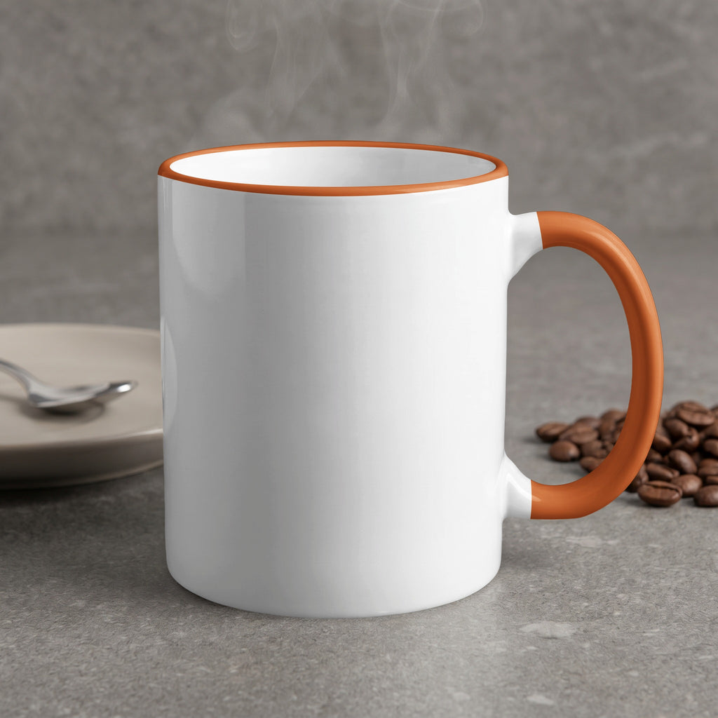 White mug with orange handle and rim, steaming, with coffee beans and saucer.