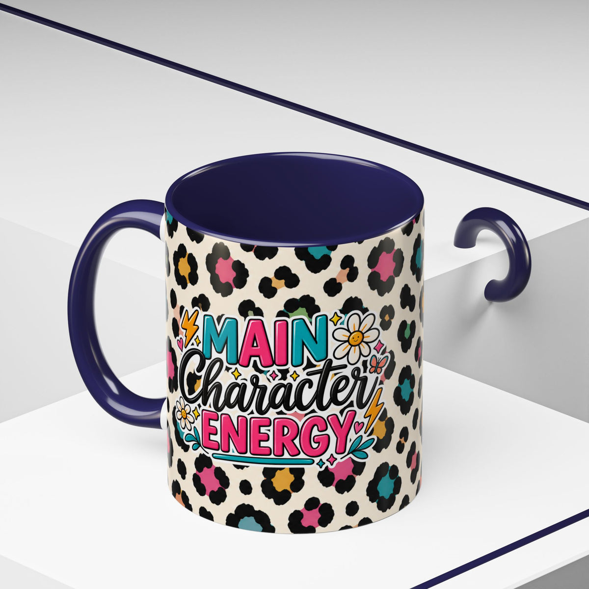 Leopard Print Accent Coffee Mug – Colorful Floral 'Teacher Energy' Design (11/15oz)