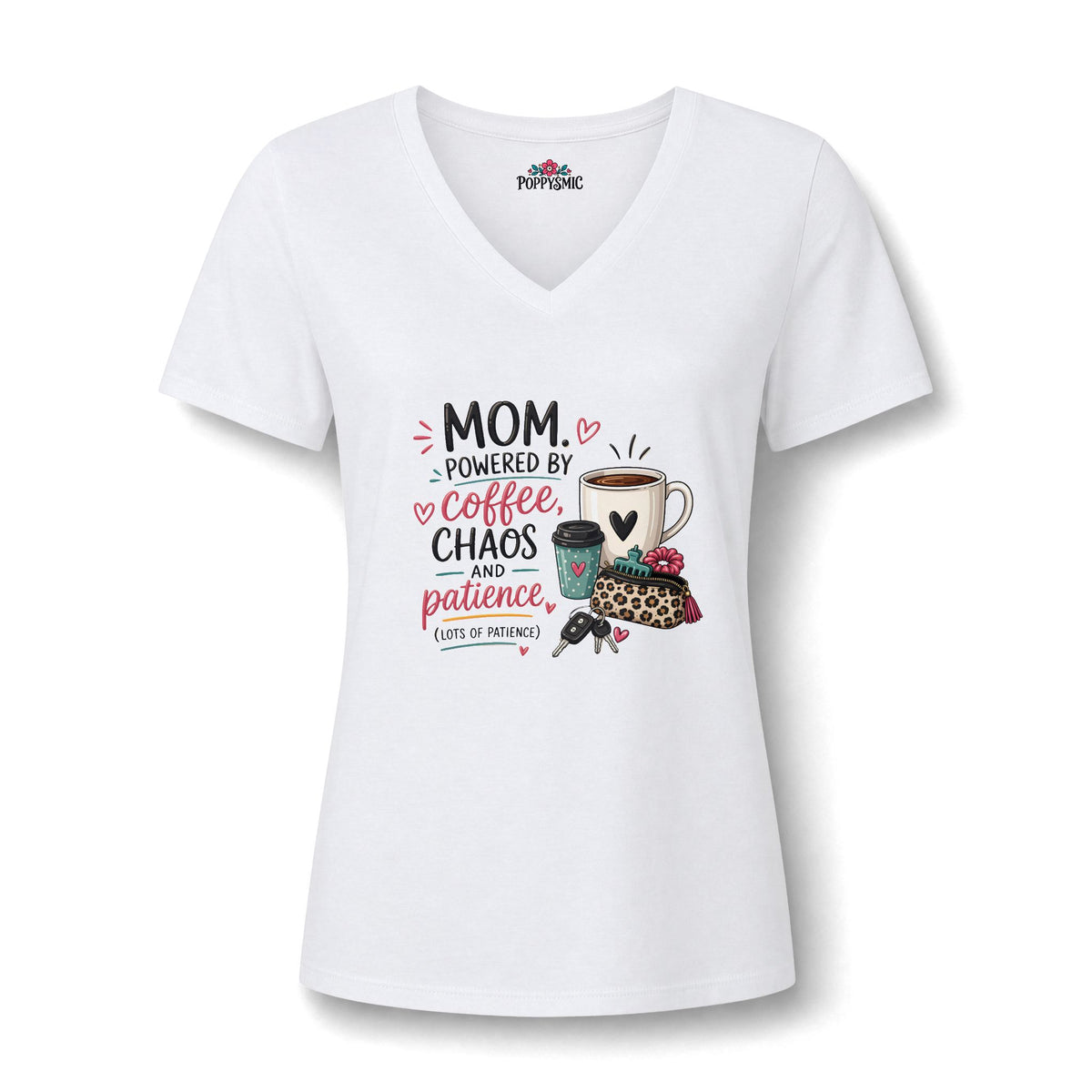 Mom Tee — "Mom Powered by Coffee, Chaos & Patience" V‑Neck