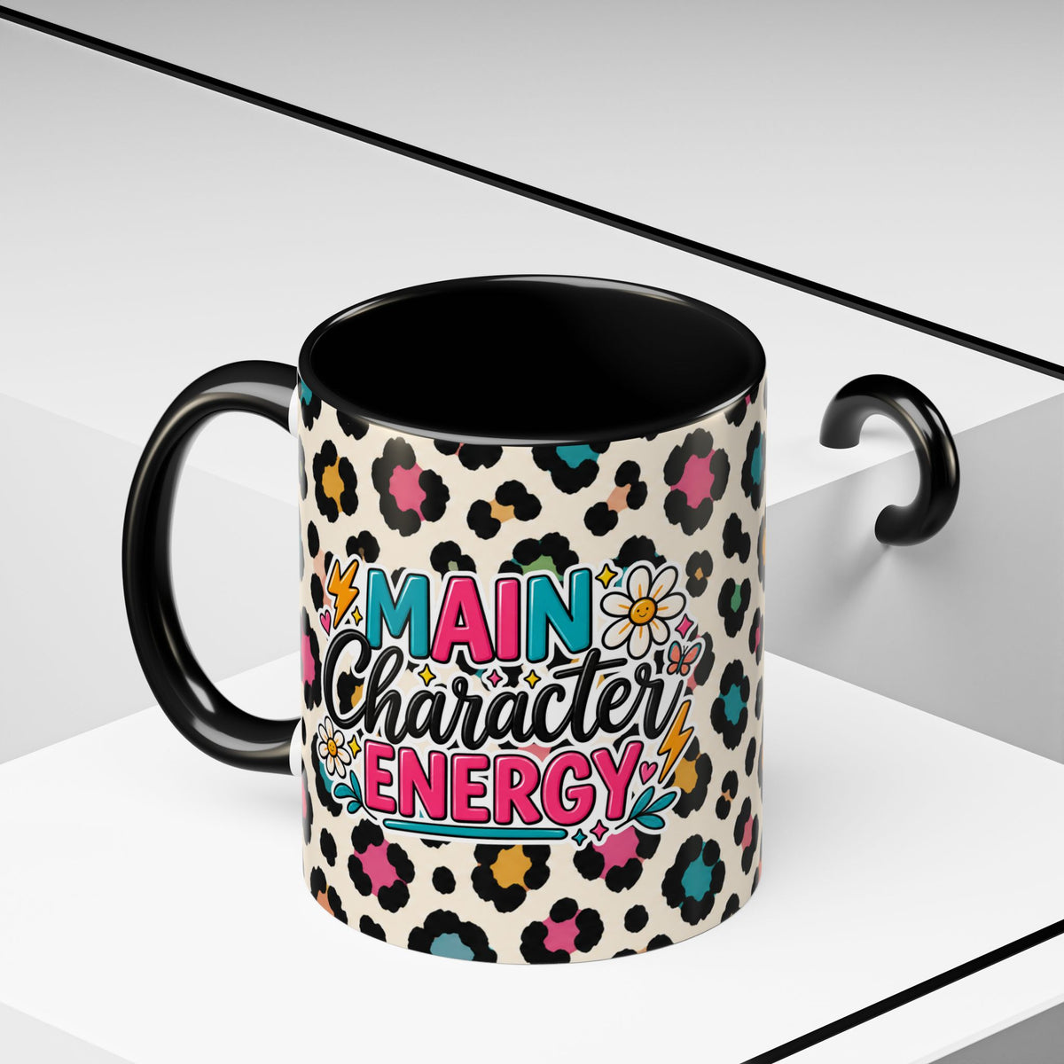Leopard Print Accent Coffee Mug – Colorful Floral 'Teacher Energy' Design (11/15oz)