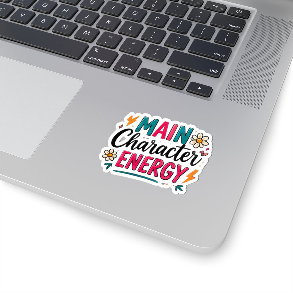 Main Character Energy Kiss-Cut Sticker — Floral & Retro Lightning Laptop Decal