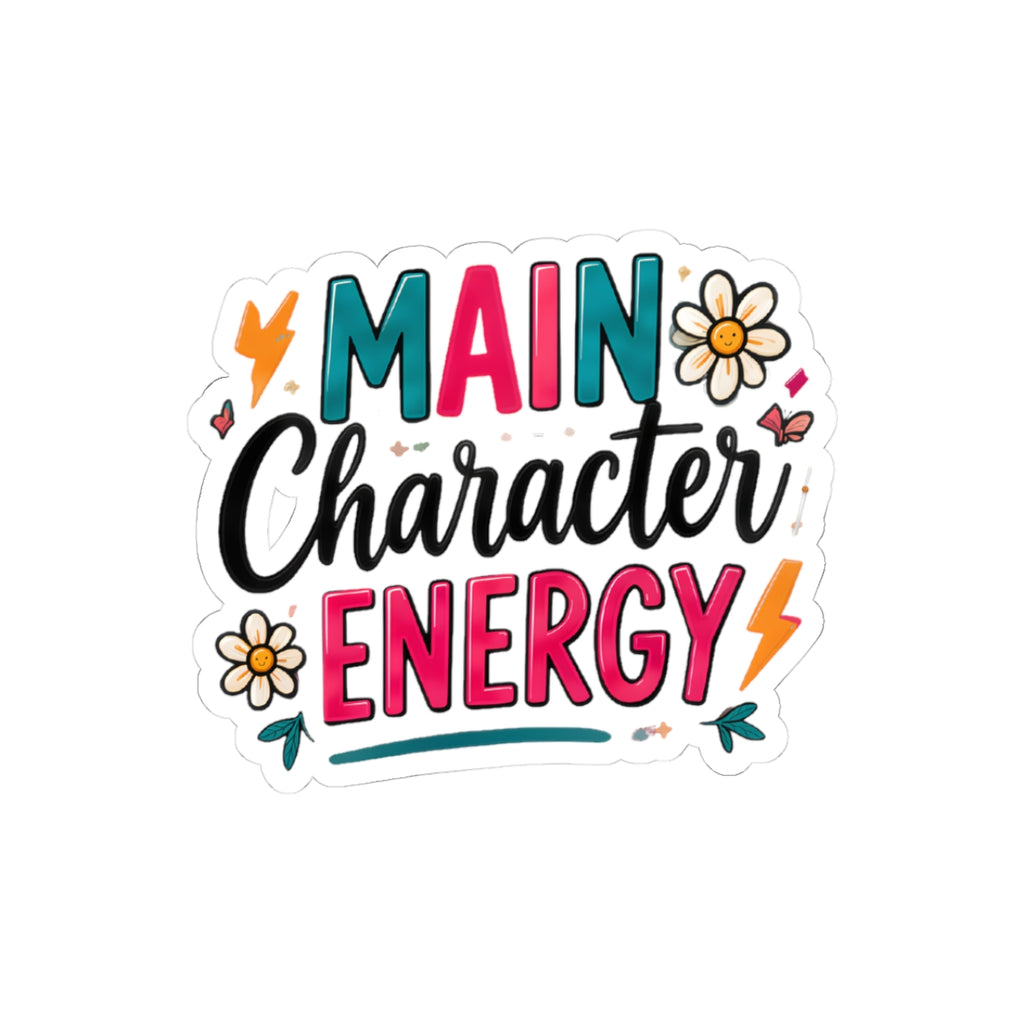 Main Character Energy Kiss-Cut Sticker — Floral & Retro Lightning Laptop Decal