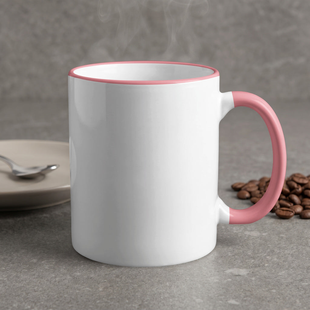 White mug with pink handle and rim emitting steam, coffee beans nearby.
