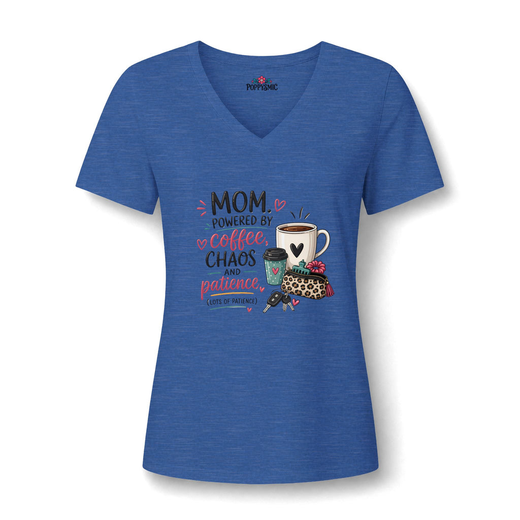 Mom Tee — "Mom Powered by Coffee, Chaos & Patience" V‑Neck