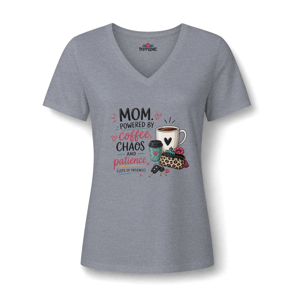 Mom Tee — "Mom Powered by Coffee, Chaos & Patience" V‑Neck