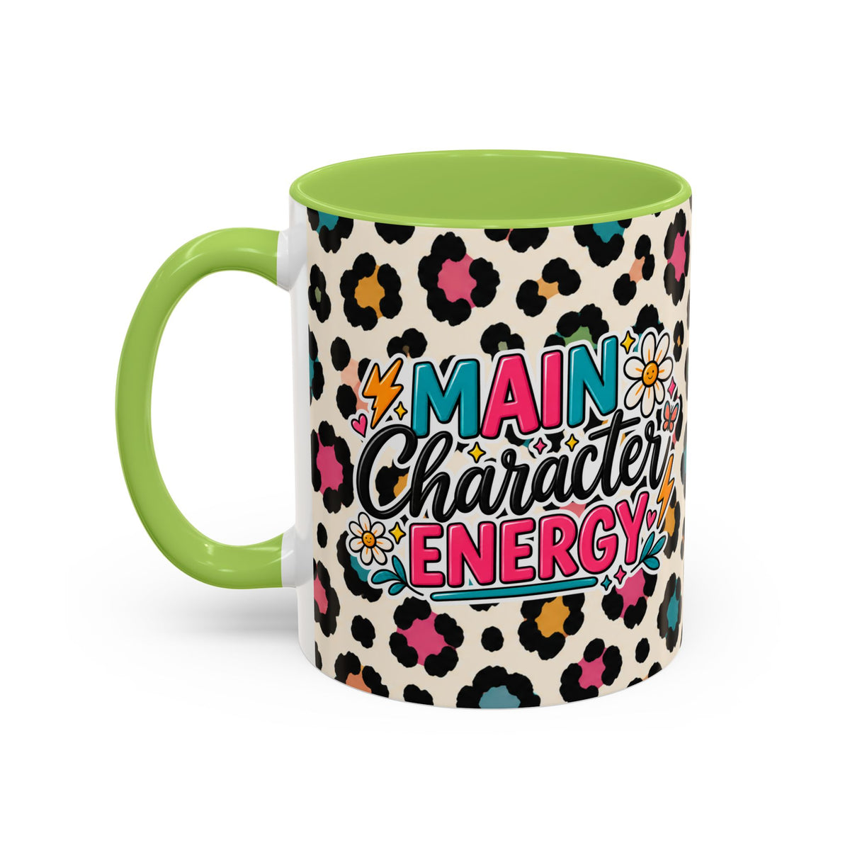 Leopard Print Accent Coffee Mug – Colorful Floral 'Teacher Energy' Design (11/15oz)