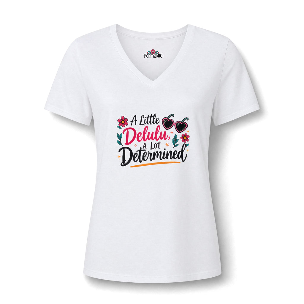 Women's V-Neck Tee — “A Little Dehlulu, A Lot Determined” Floral Graphic