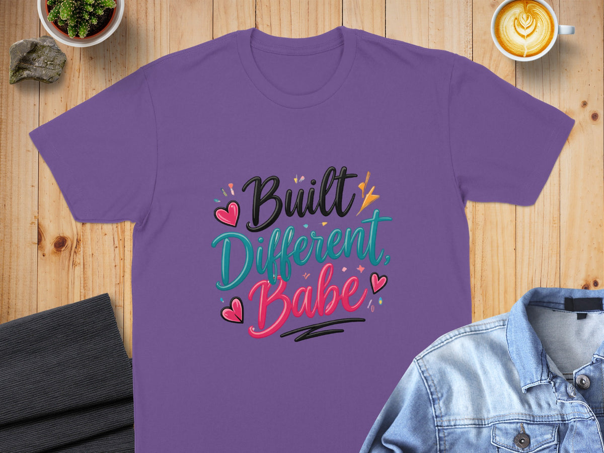 Purple t-shirt with "Built Different Babe" text and heart graphics.