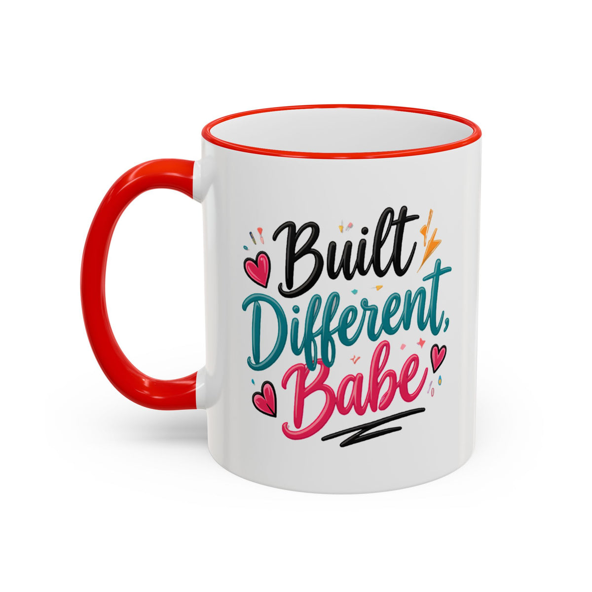 White mug with red handle and rim, features text "Built Different, Babe".