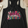 Black tank top with "Teachers make the world BRIGHTER" graphic.