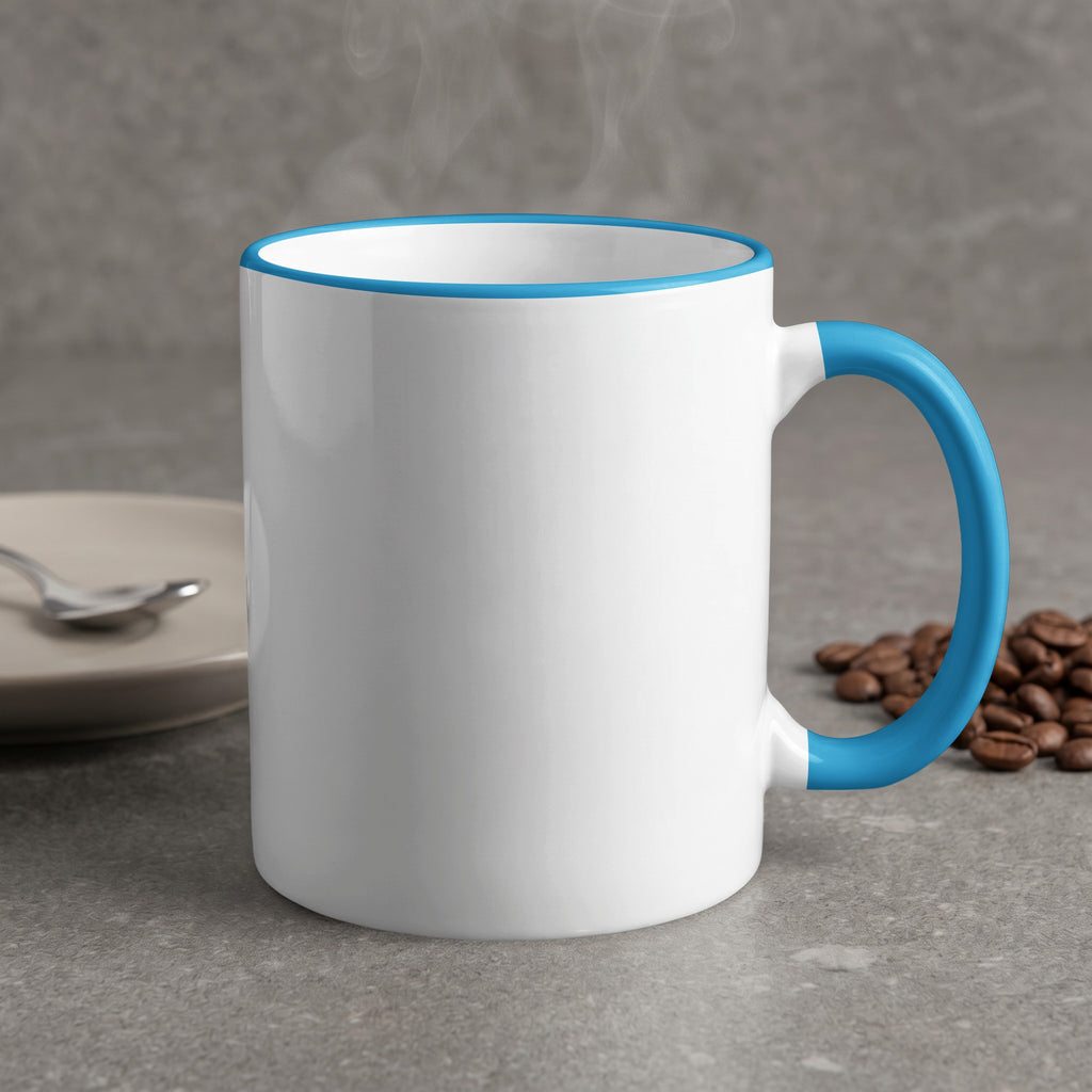 White mug with blue handle and rim, steaming hot, with coffee beans.