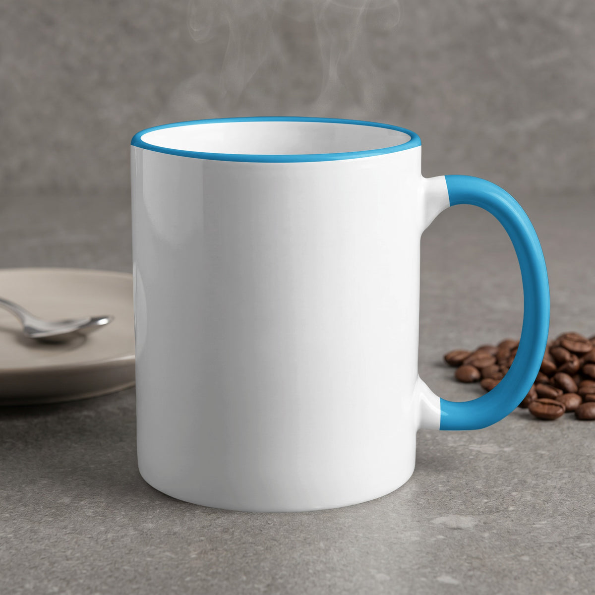 White mug with blue handle and rim, steaming hot, with coffee beans.