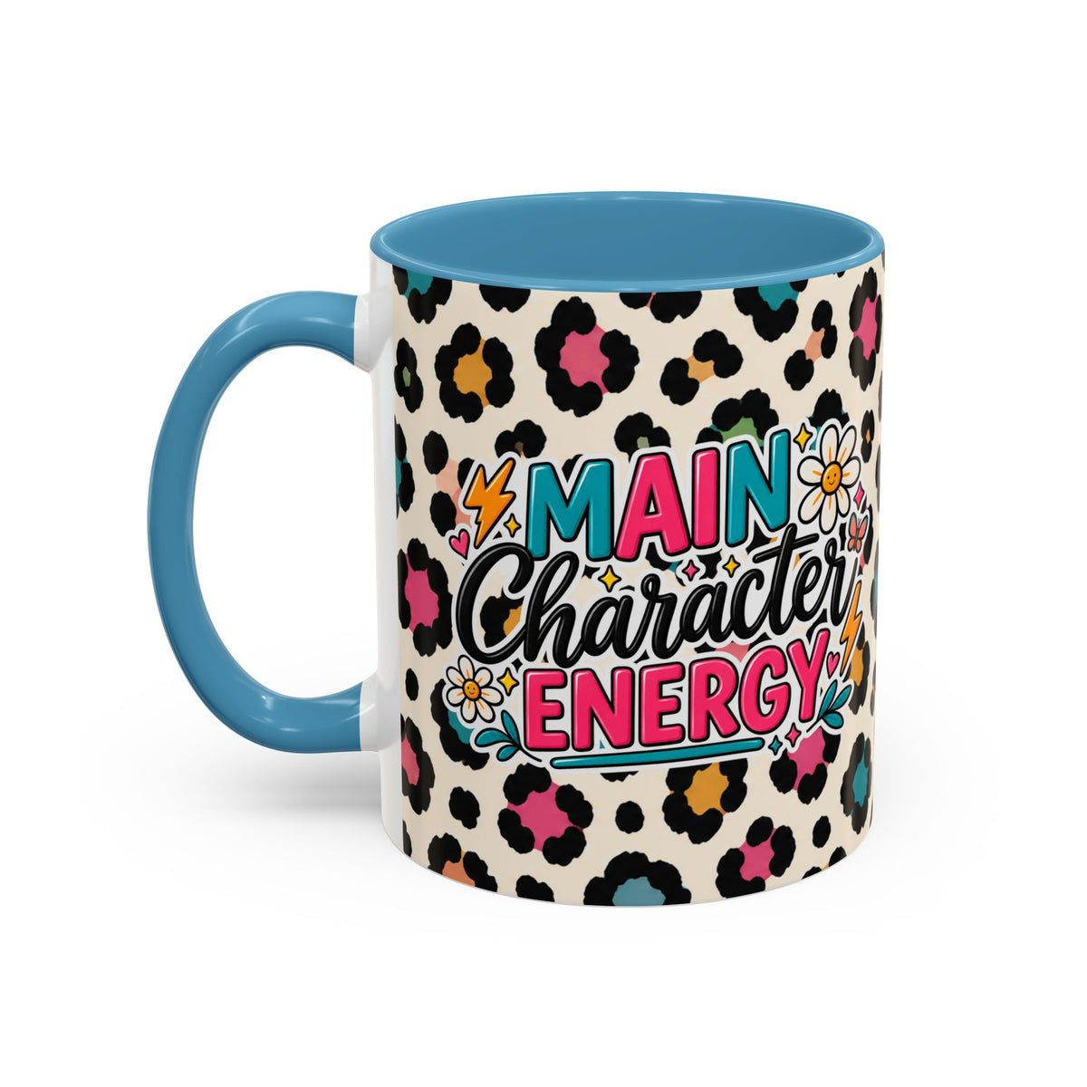 Leopard Print Accent Coffee Mug – Colorful Floral 'Teacher Energy' Design (11/15oz)