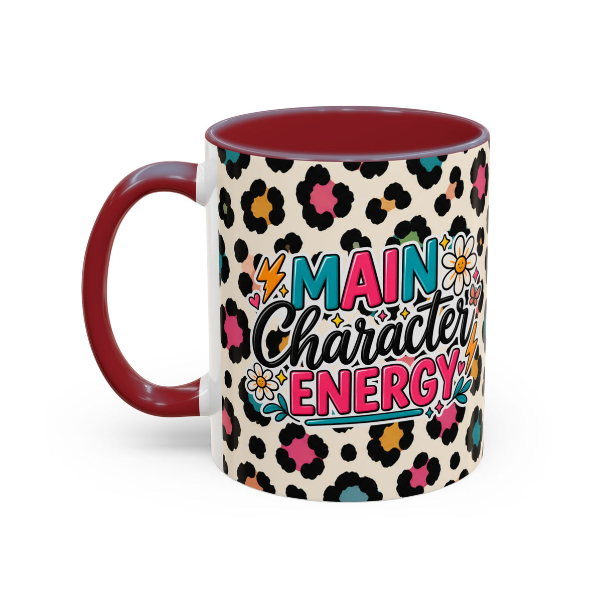 Leopard Print Accent Coffee Mug – Colorful Floral 'Teacher Energy' Design (11/15oz)