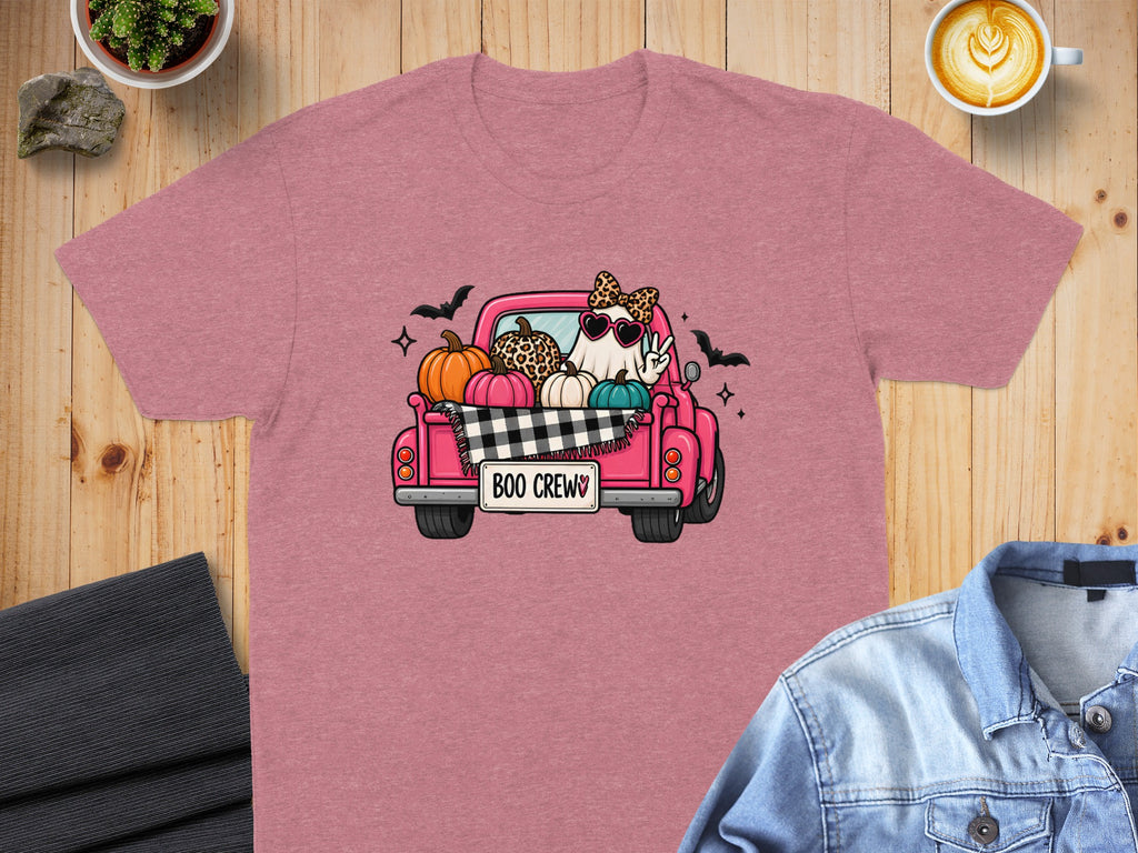 Pink t-shirt with ghost in truck graphic, reads "Boo Crew."