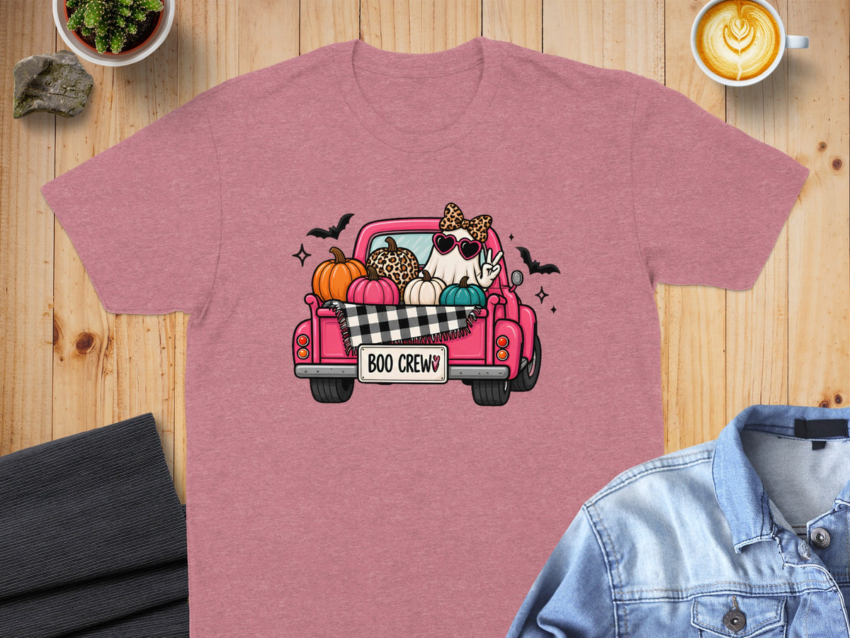 Pink t-shirt with ghost in truck graphic, reads "Boo Crew."