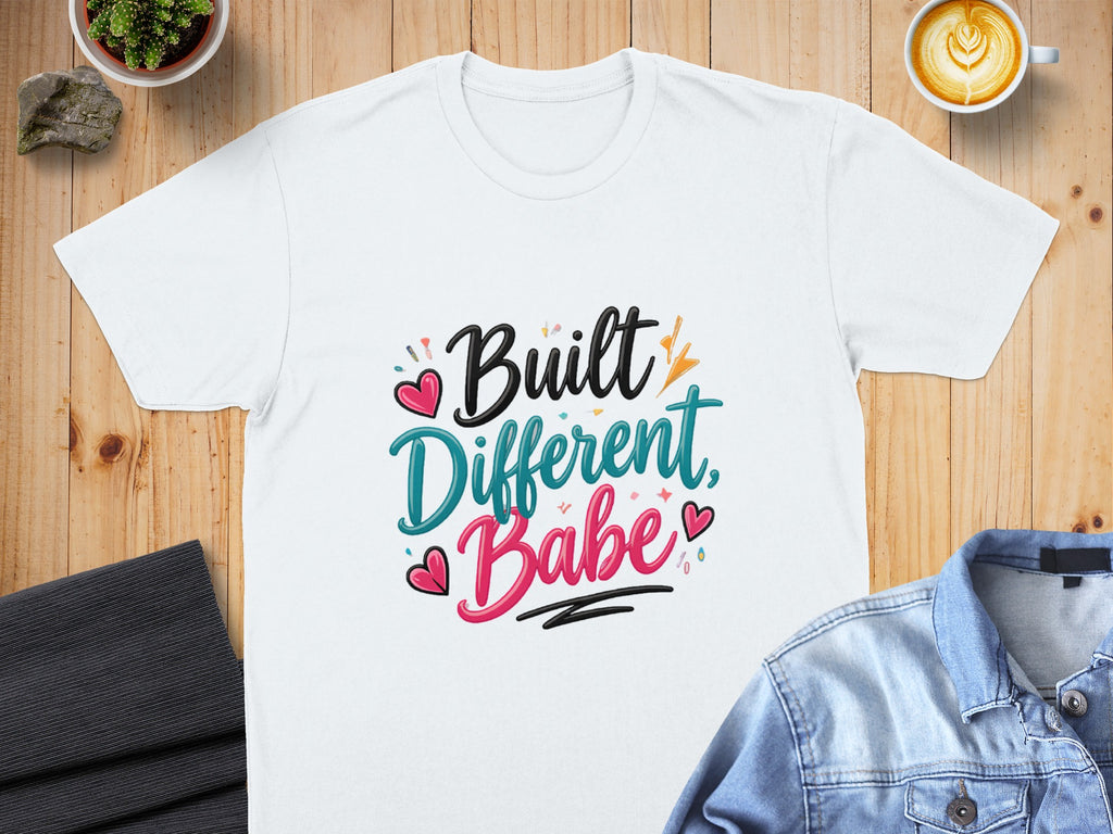 White t-shirt with "Built Different, Babe" text in colorful cursive.