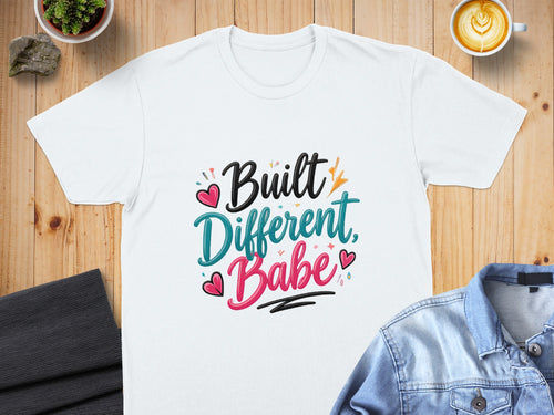 White t-shirt with "Built Different, Babe" text in colorful cursive.